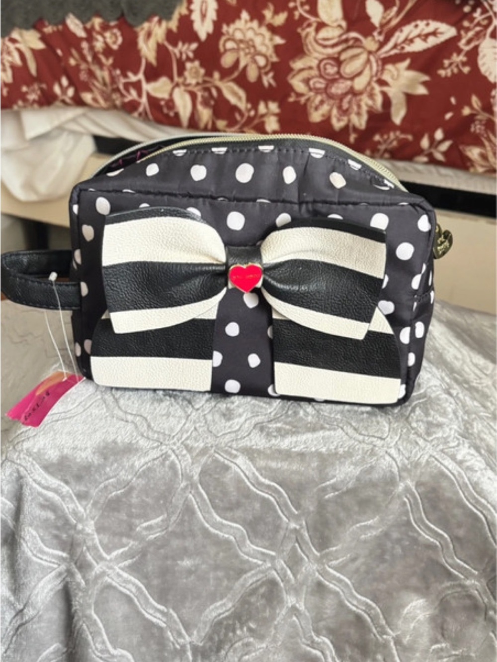 Betsey Johnson Black & White Polka Dot Cosmetic Pouch with Bow Accent